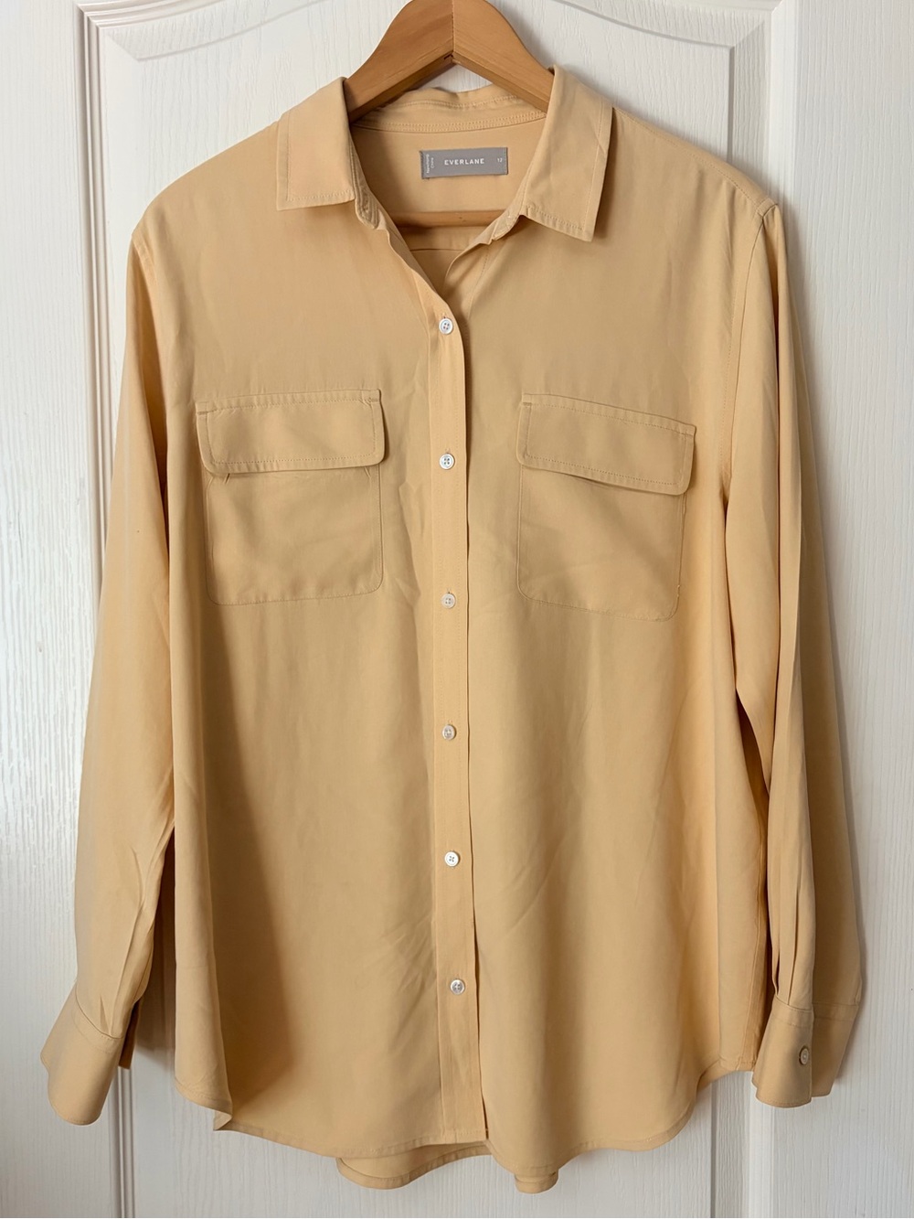 Everlane 100% Silk Relaxed Nude Yellow Button Down Long Sleeve Shirt, 12